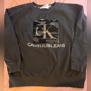 Calvin Klein Jeans Long Sleeve Flip Sequin Black Top Crew Neck Sweatshirt XL
